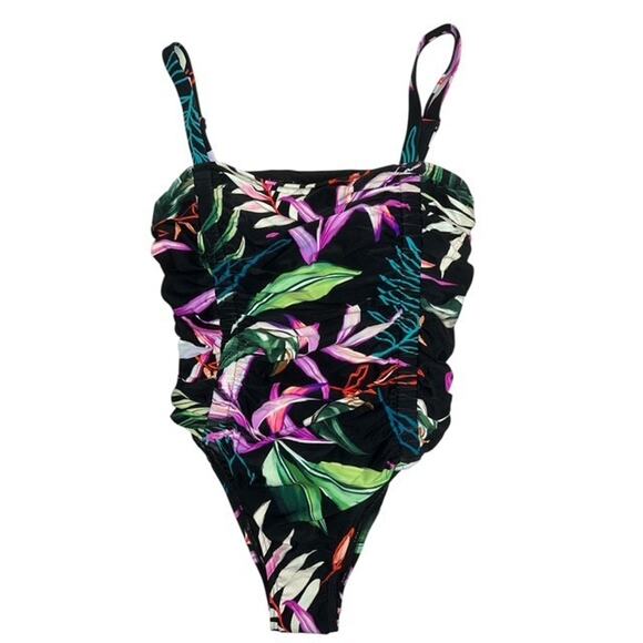 Carmen Marc Valvo Swimsuit size 8 One Piece Black Tropical Floral Removable Pads - Picture 1 of 5